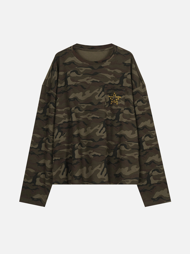 Camo Waffle-Knit Star-Embroidered Pocket Boxy Long-Sleeve T-Shirt