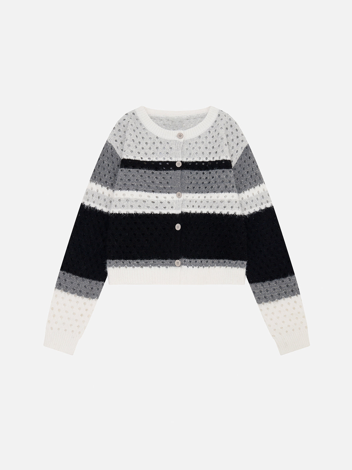Pointelle Striped Knit Boxy Cardigan With Scarf Set