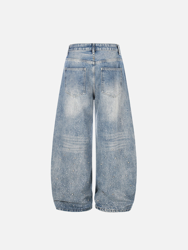 Rhinestone Spattered Faded Baggy Jeans