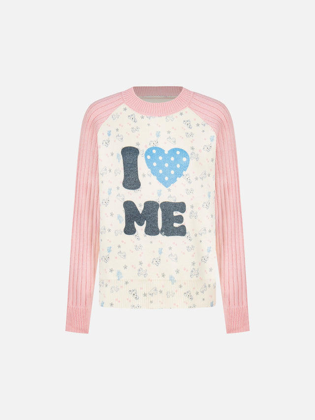 "I ♥ ME" Raglan Ribbed-Sleeve Jacquard Knit Sweater