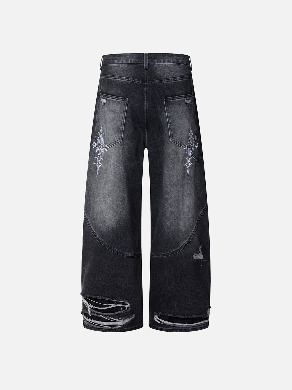 Distressed Cross-Embroidered Baggy Jeans
