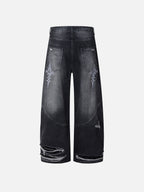 Distressed Cross-Embroidered Baggy Jeans