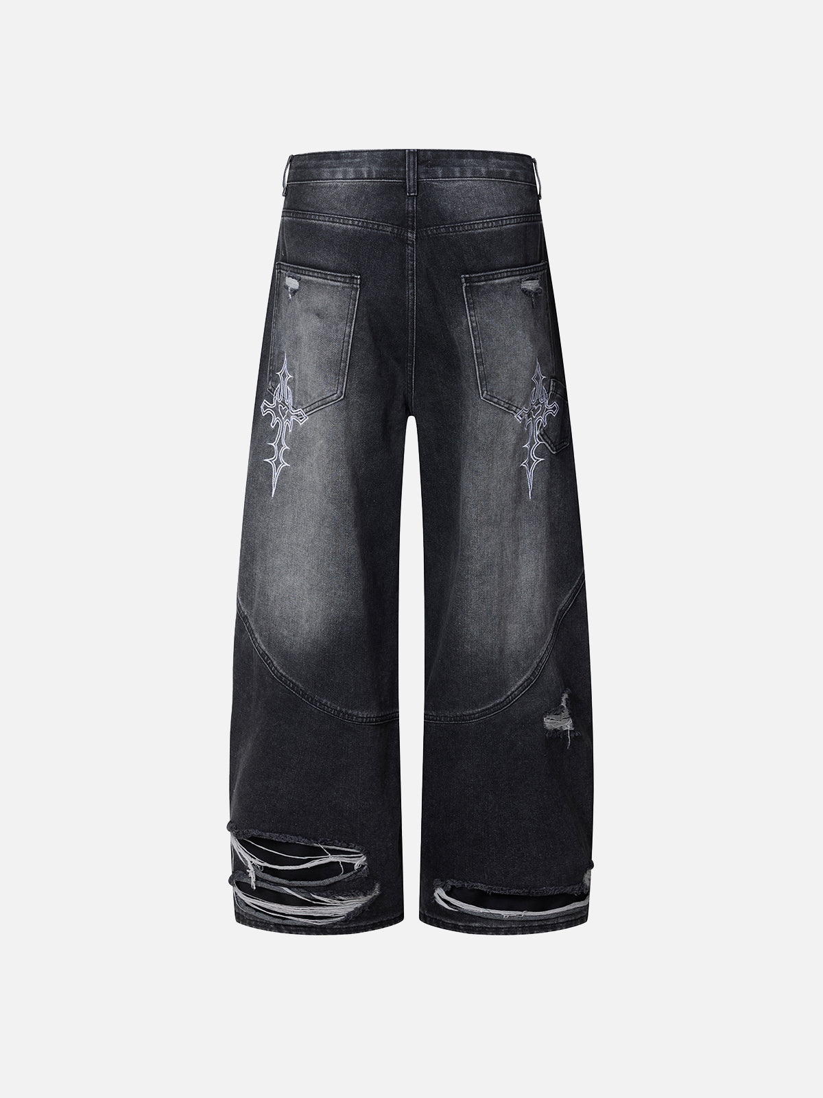 Distressed Cross-Embroidered Baggy Jeans