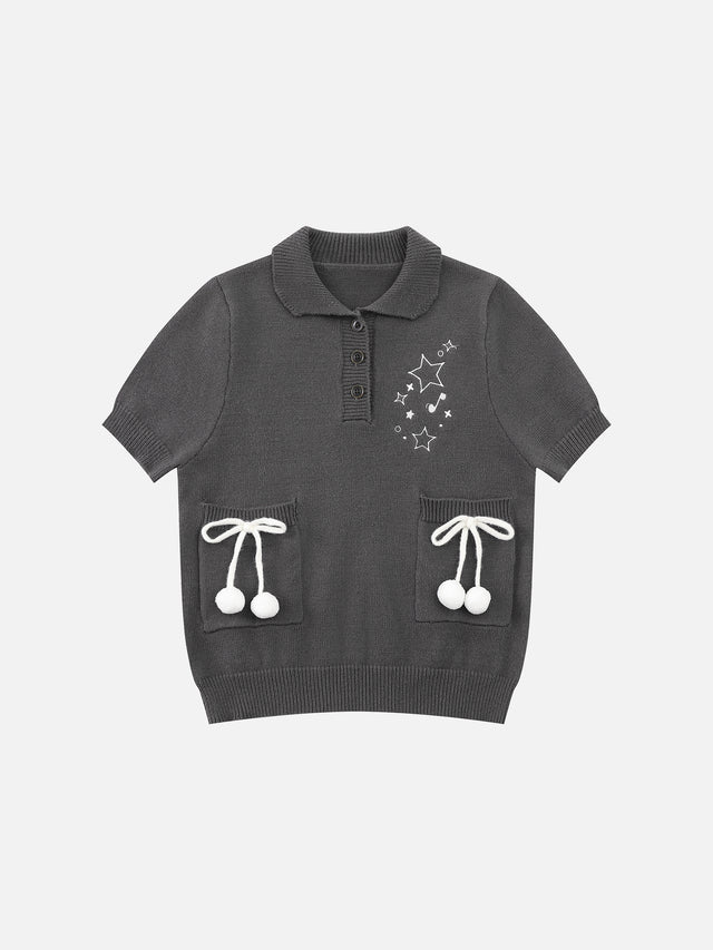 Star-Embroidered Bow-Pocket Boxy Knit Polo Shirt