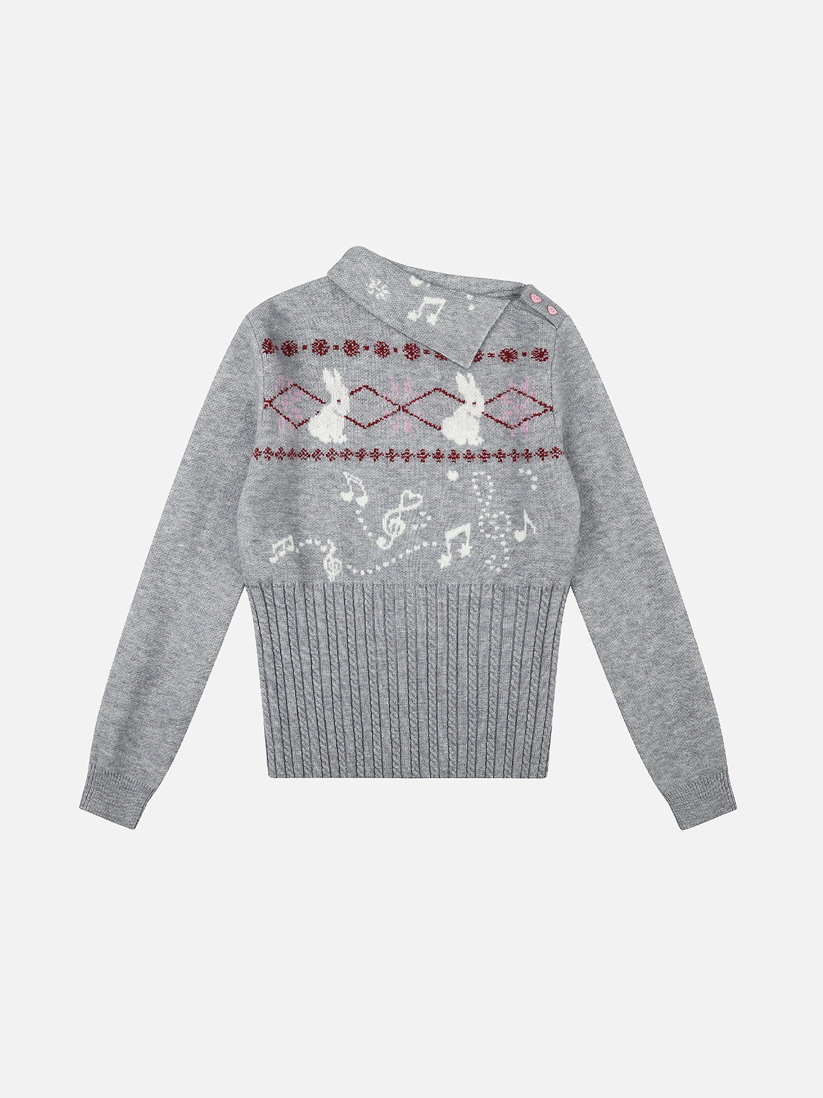 Bunny Argyle Jacquard Asymmetrical Foldover Collar Cable-Waist Slim Knit Sweater