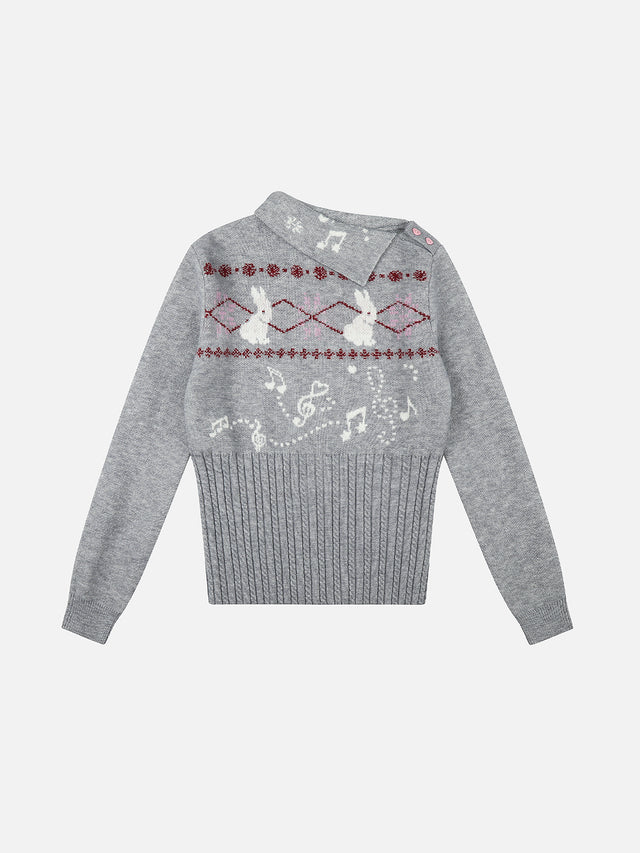 Bunny Argyle Jacquard Asymmetrical Foldover Collar Cable-Waist Slim Knit Sweater