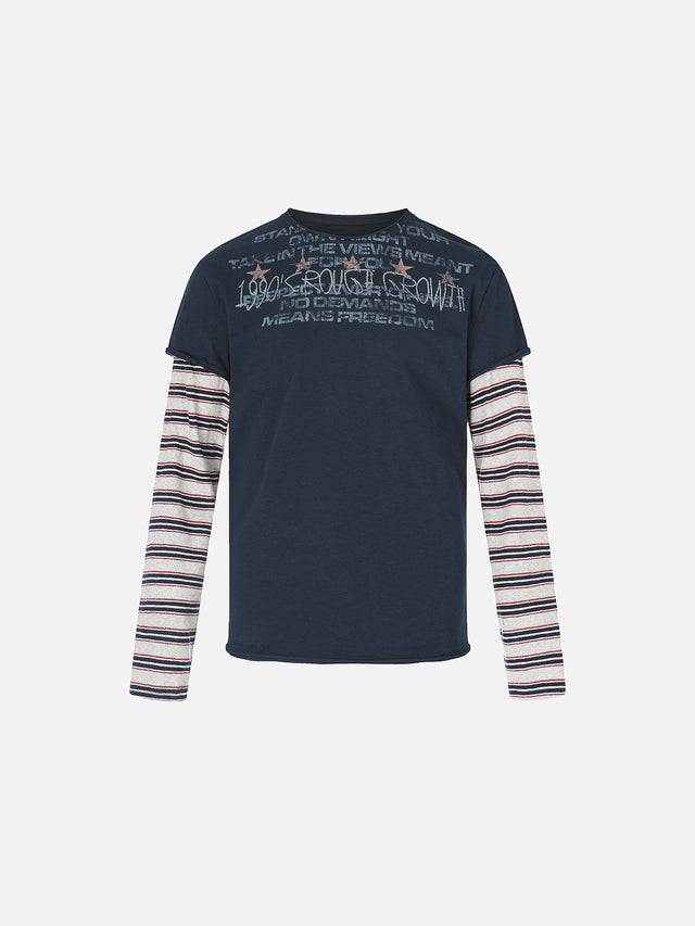 Double-Layer Striped Long-Sleeve Star Slogan Graphic Boxy T-Shirt