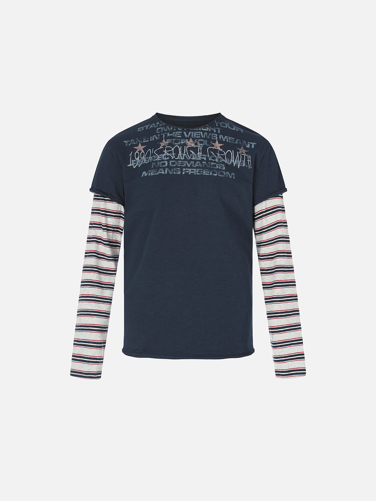 Double-Layer Striped Long-Sleeve Star Slogan Graphic Boxy T-Shirt