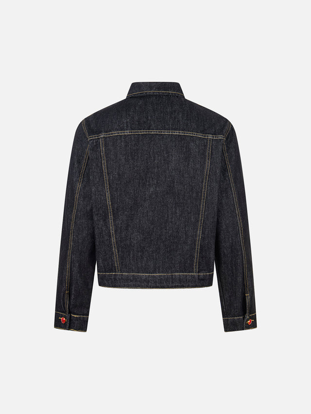 Red Gemstone-Button Contrast-Stitch Boxy Denim Jacket