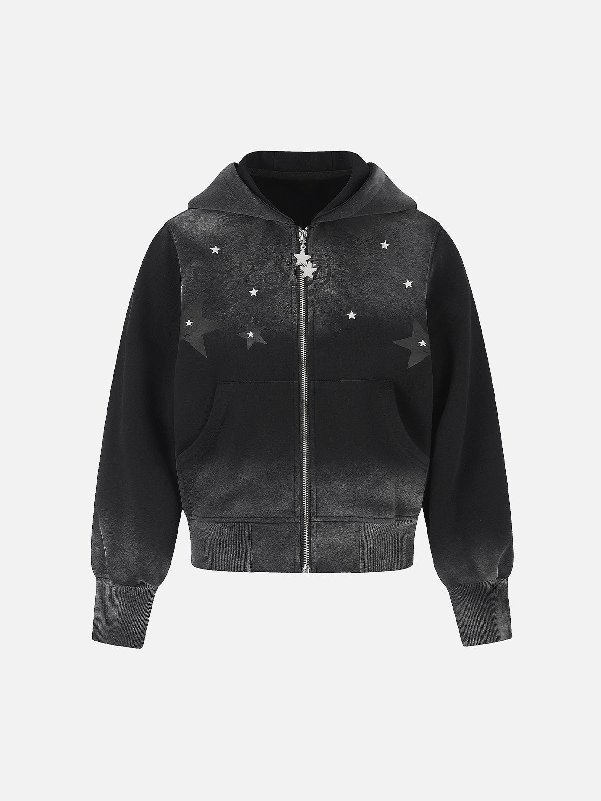 Star-Graphic Rhinestone-Trim Distressed Boxy Zip-Up Hoodie