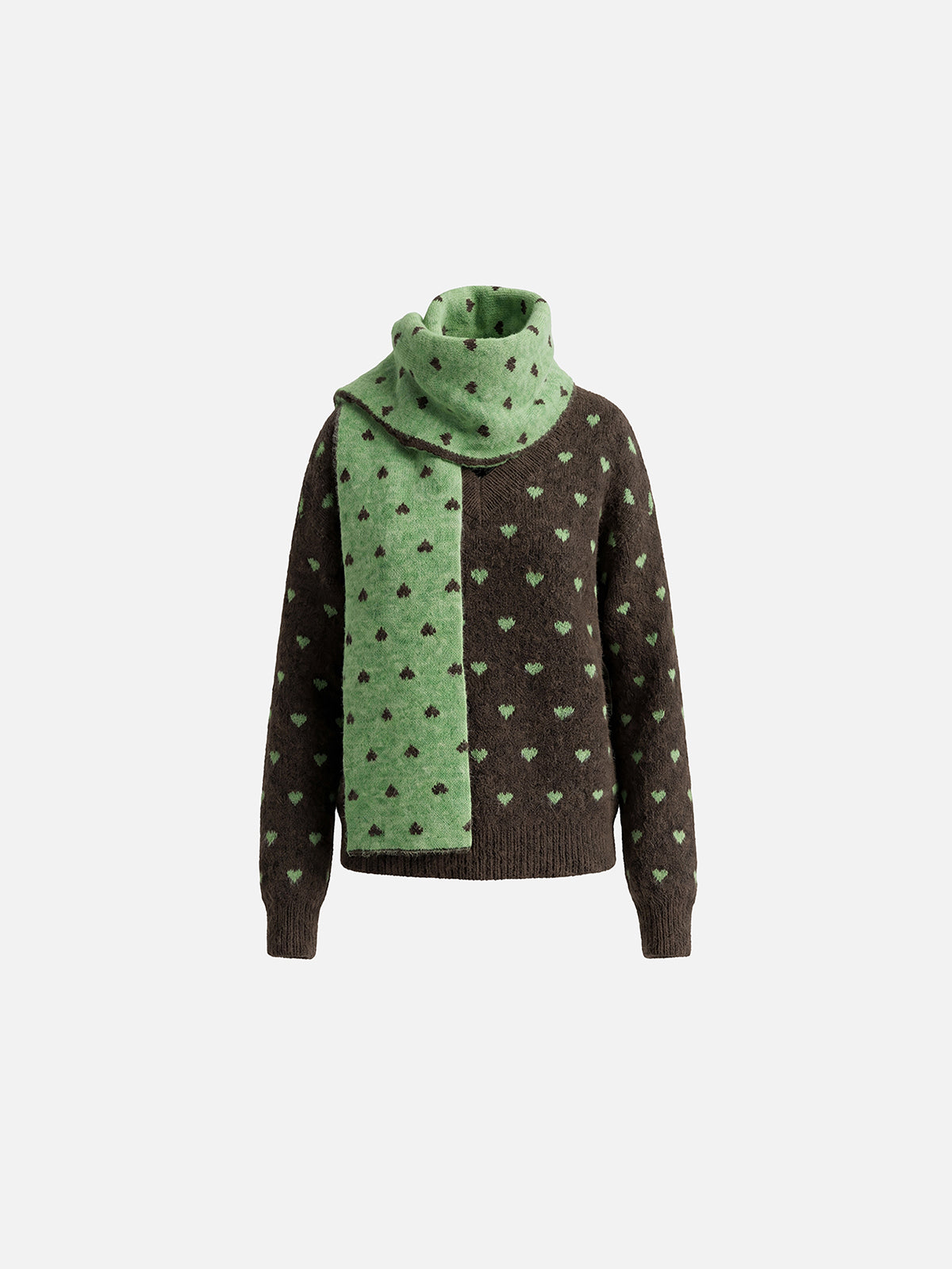 All-Over Heart Jacquard V-Neck Sweater With Matching Knit Scarf Set