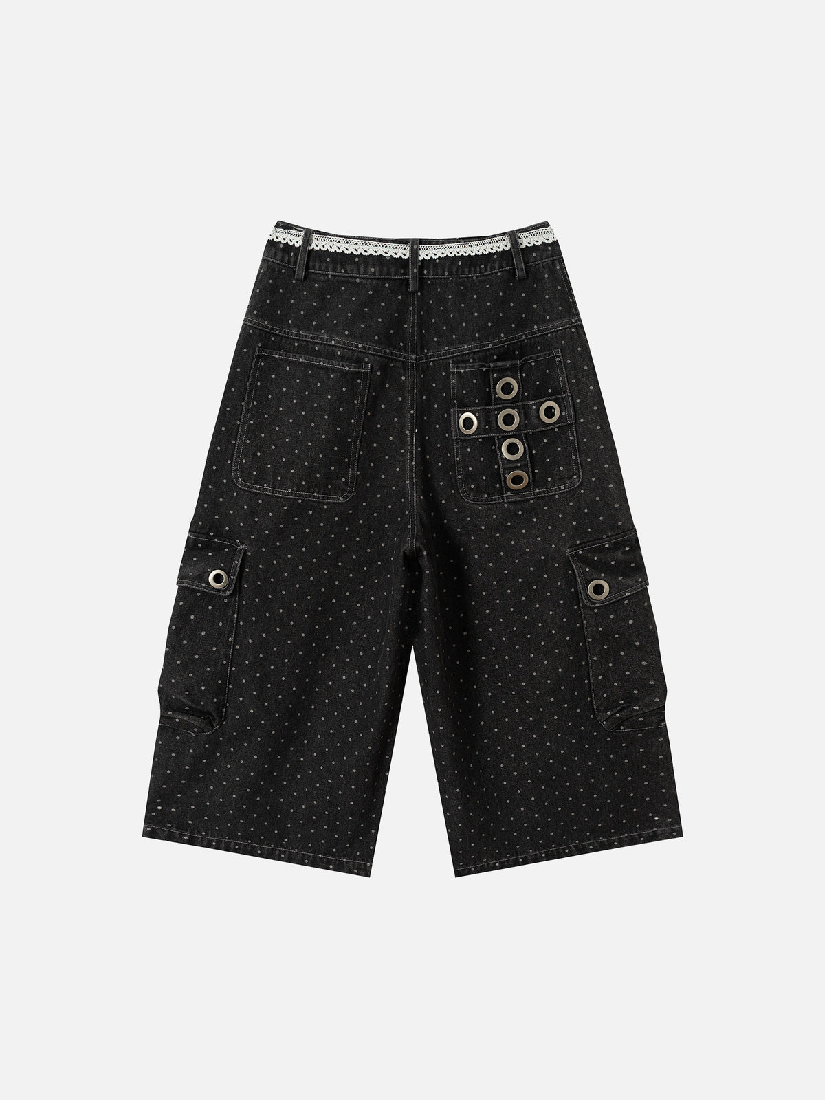 Polka-Dot Eyelet Grommet Lace-Belt Wide-Leg Denim Jorts