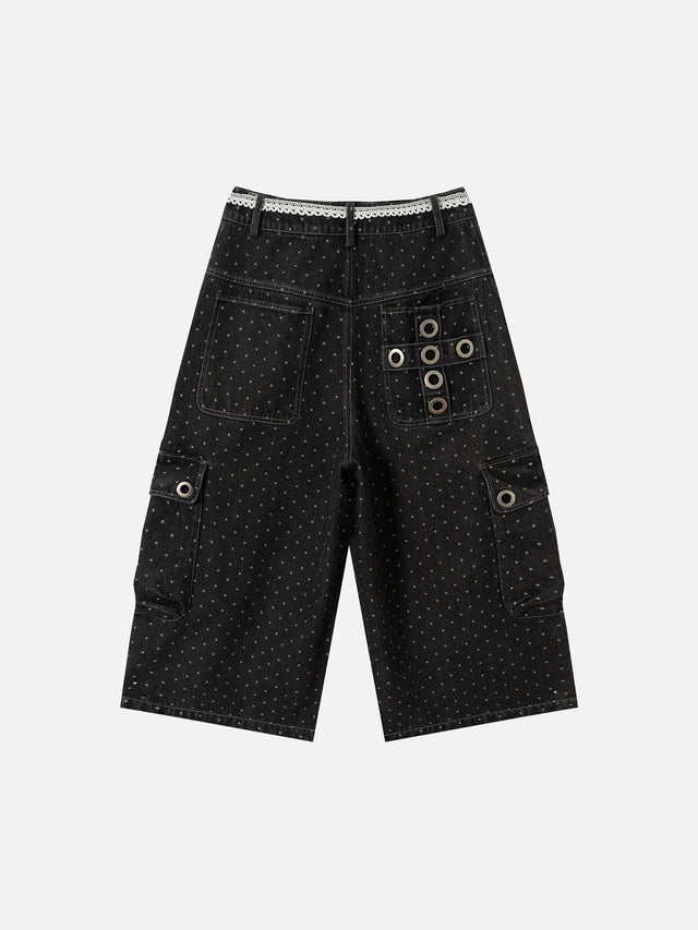 Polka-Dot Eyelet Grommet Lace-Belt Wide-Leg Denim Jorts