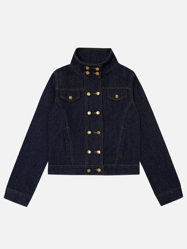 Double-Breasted Faux-Fur Collar Boxy Denim Jacket