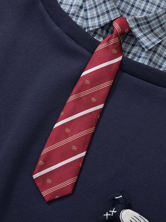 Plaid Shirt-Layered Tie-Detail Oversized Sweatshirt