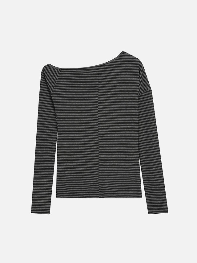 Striped Off-Shoulder Chain-Graphic Loose Long-Sleeve Top