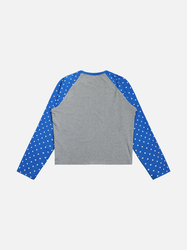 Star-Print Raglan Sleeve Cropped Graphic Long-Sleeve T-Shirt