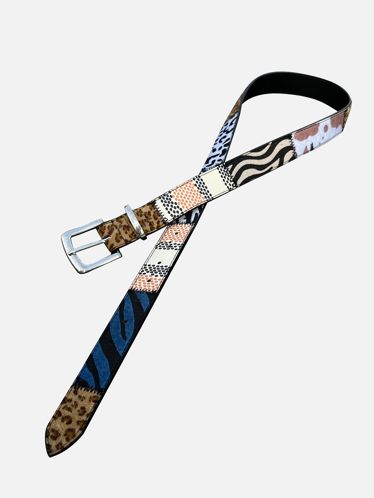 Patchwork Animal-Print Faux-Ponyhair Heavy-Stitch Western Belt