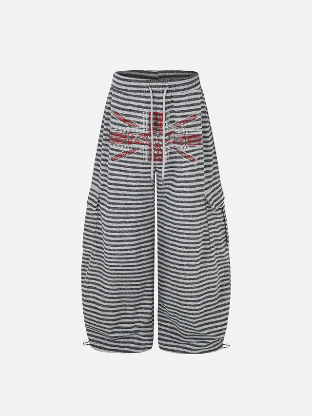 Rhinestone Union Jack Striped Fleece Baggy Cargo Pants