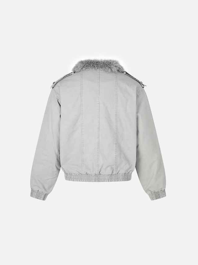 Faux-Fur Collar Cross-Studded Military Boxy Bomber Jacket