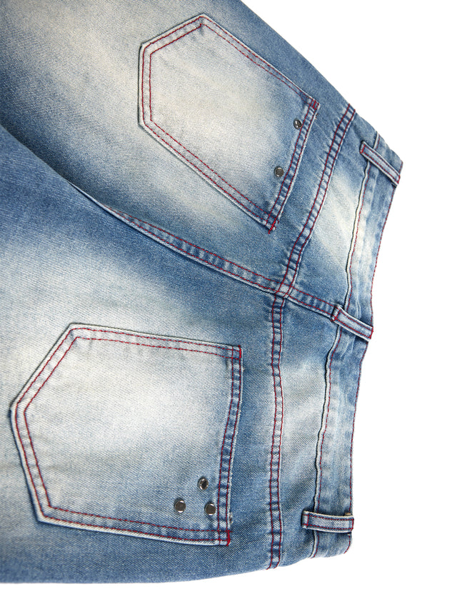 Studded Distressed Straight-Leg Jeans