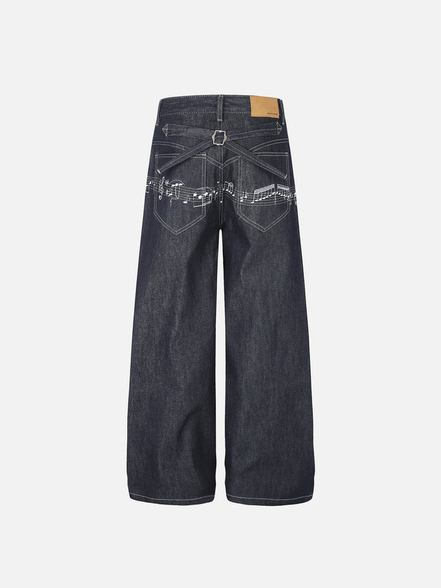 Musical-Staff Embroidery Cinch-Back Straight-Leg Jeans