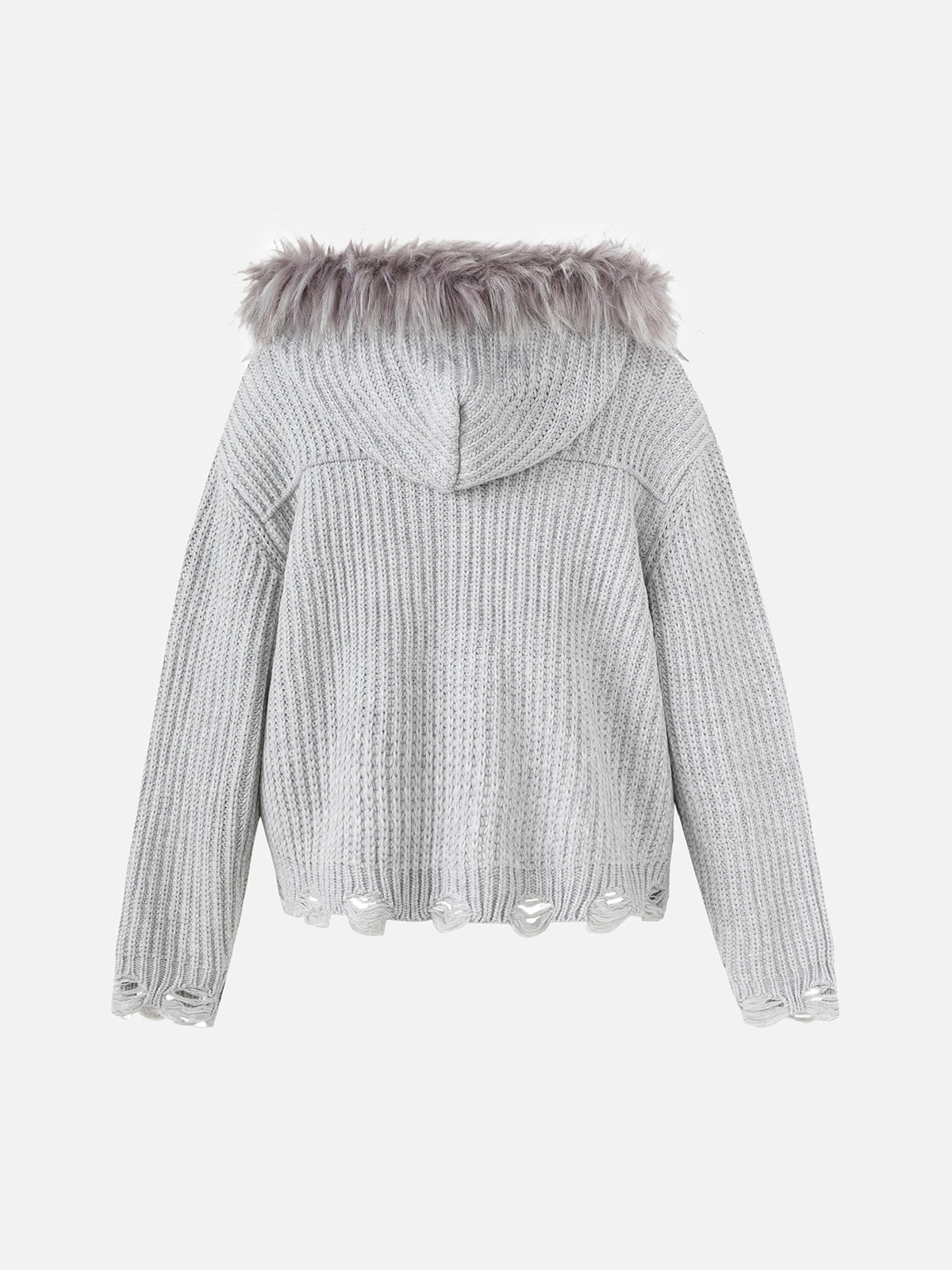 Faux-Fur Trim Hooded Distressed Chunky-Knit Boxy Cardigan