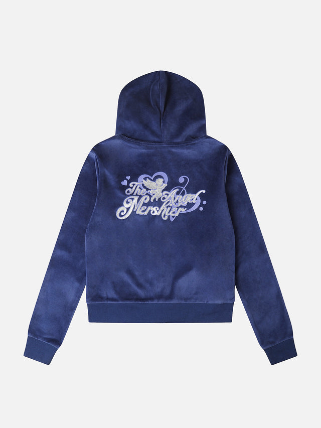 Rhinestone Cross Velour Zip-Up Hoodie