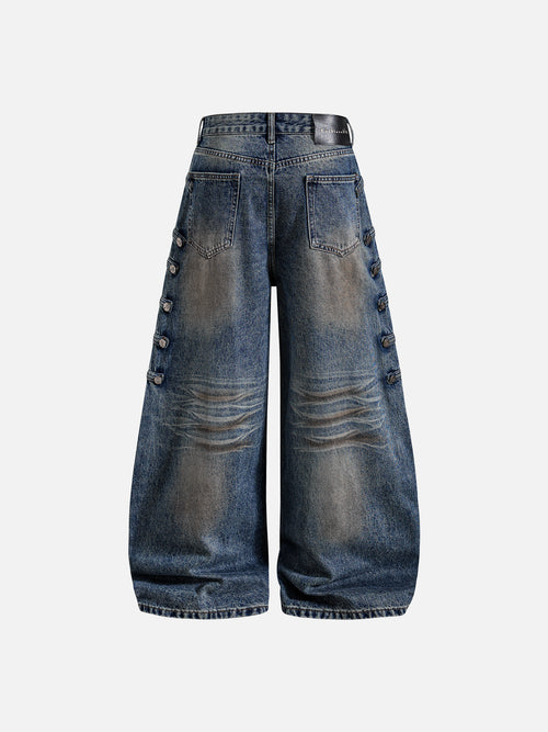 Buttoned Side-Tab Whiskered Super Baggy Denim Jeans