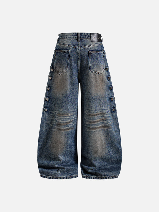Buttoned Side-Tab Whiskered Super Baggy Denim Jeans