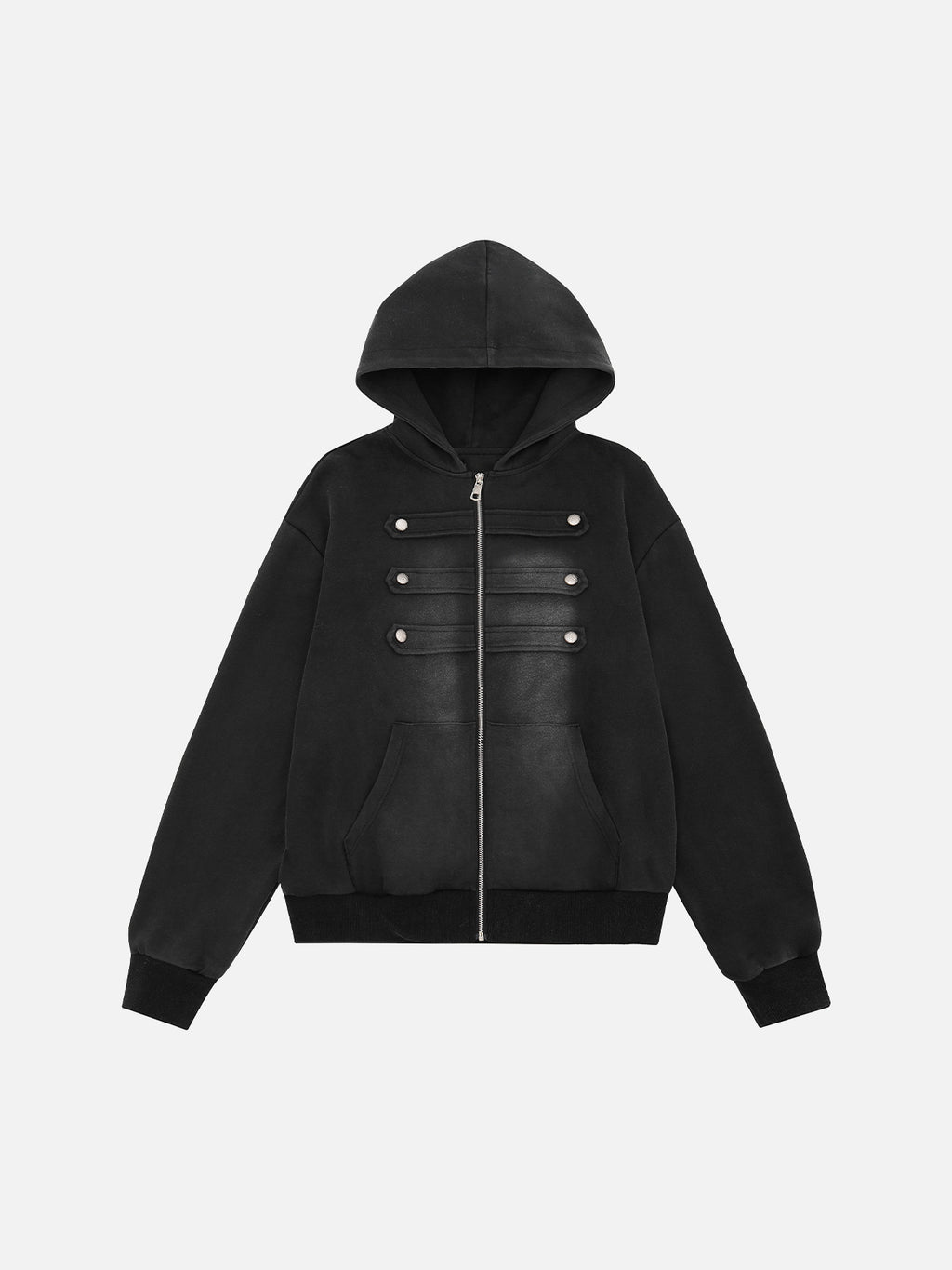 Buttoned Military-Trim Oversized Zip-Up Hoodie
