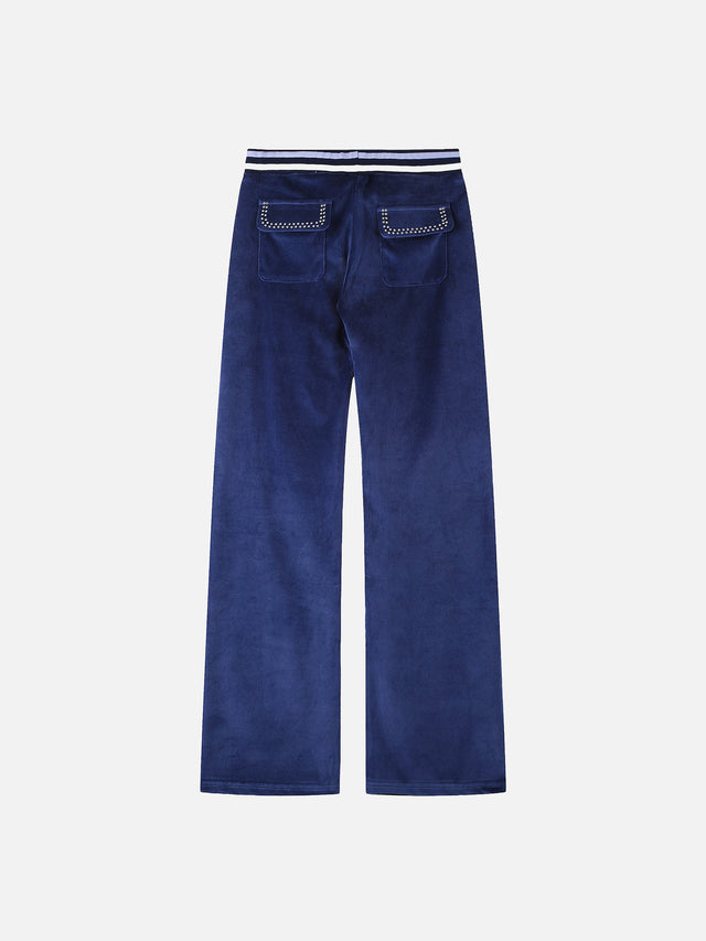 Rhinestone Studded Velour Straight-Leg Pants