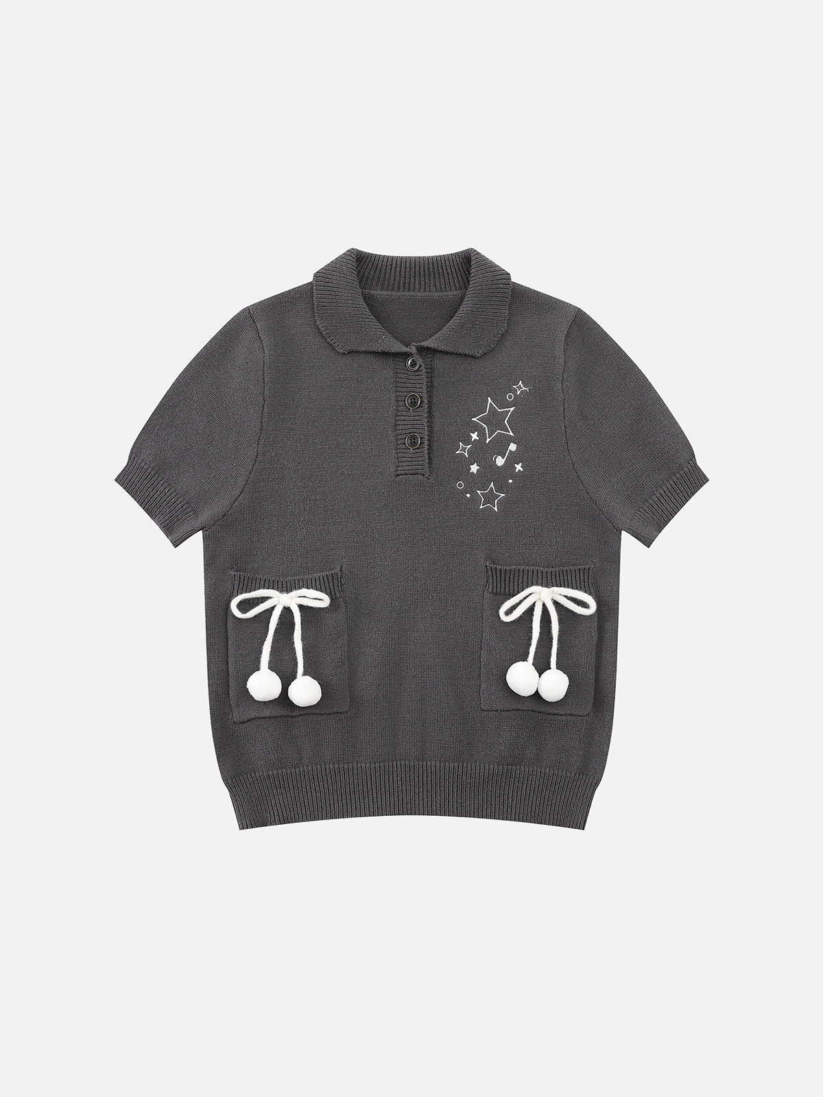Star-Embroidered Bow-Pocket Boxy Knit Polo Shirt