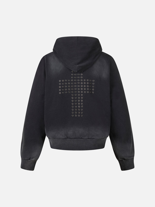 Eyelet Cross Studded Washed Boxy Zip Hoodie