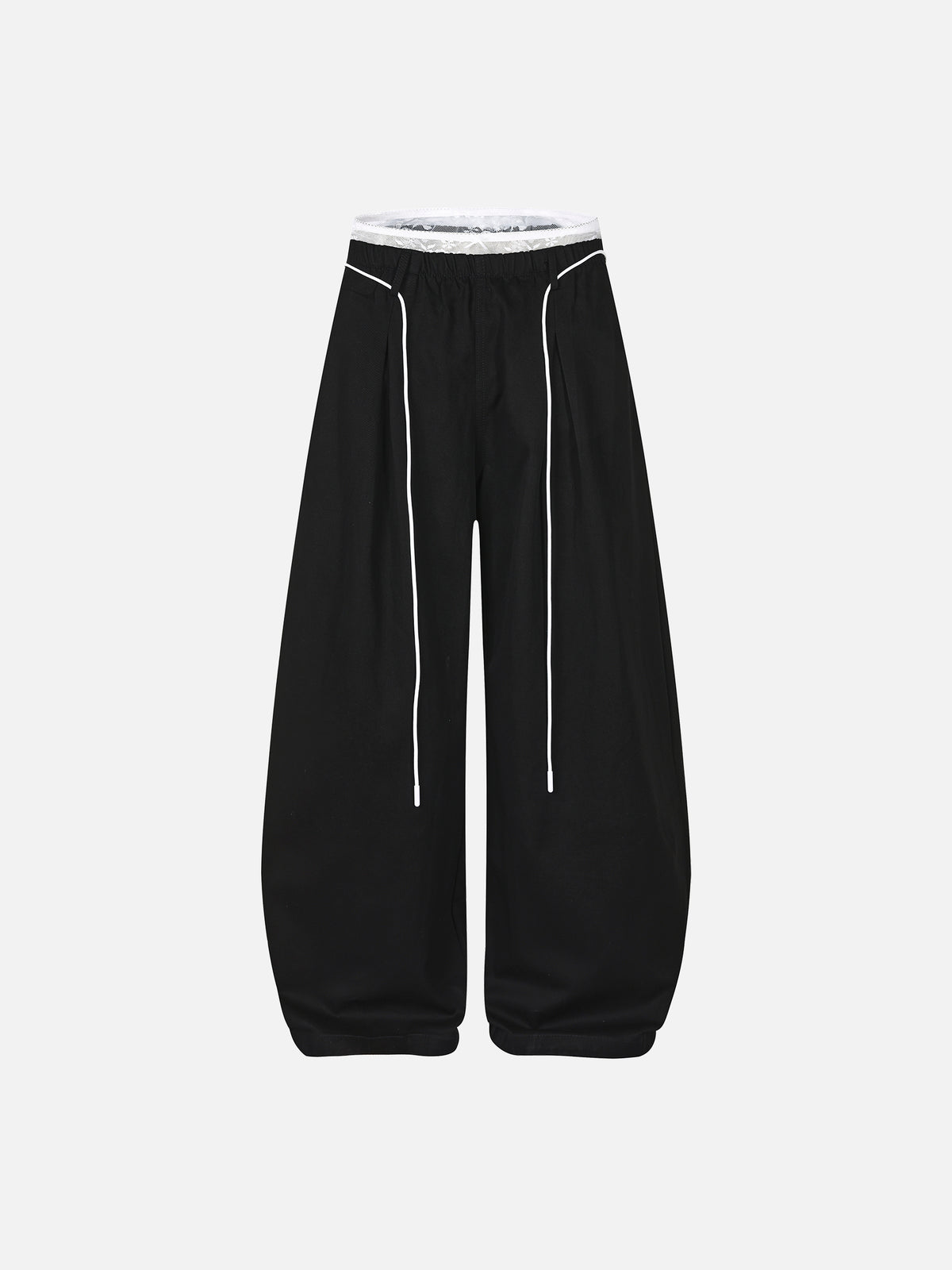 Lace Double-Waistband Contrast-Piping Baggy Barrel Pants