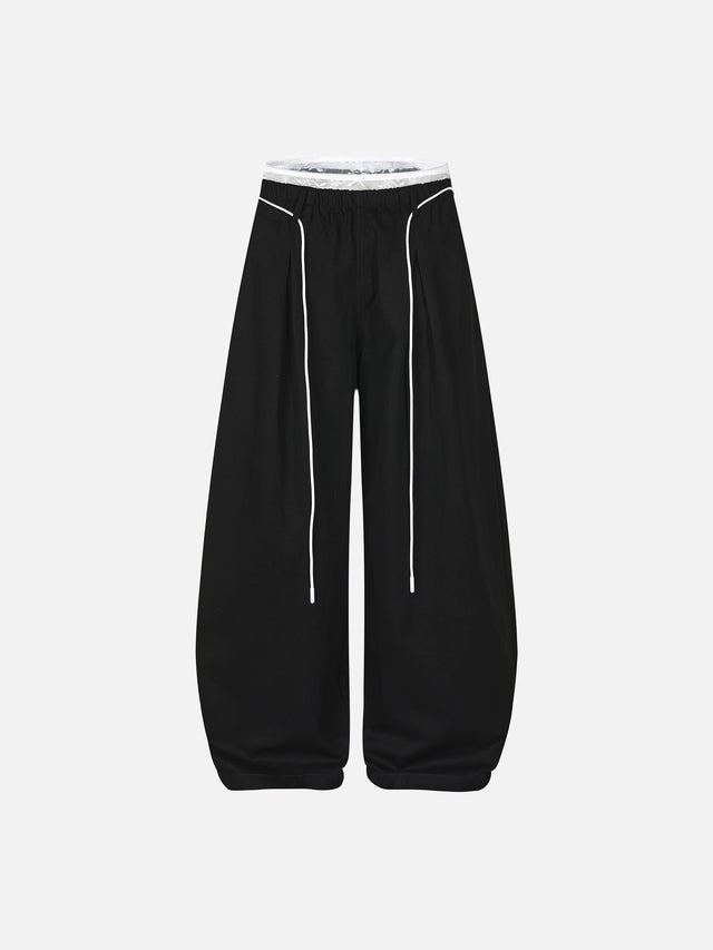 Lace Double-Waistband Contrast-Piping Baggy Barrel Pants