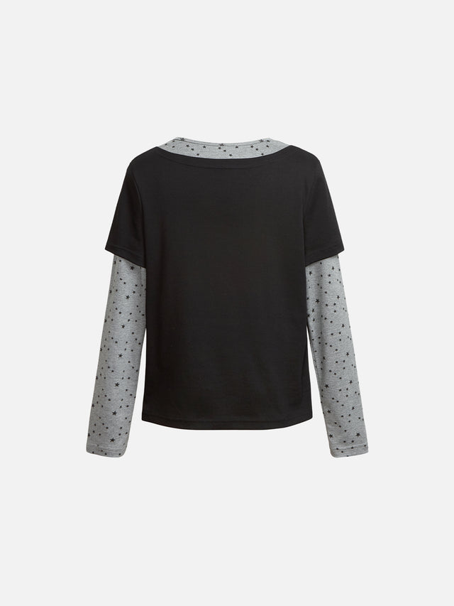 Headphone Music Note Graphic Star-Print Double-Layer Long-Sleeve Slim T-Shirt