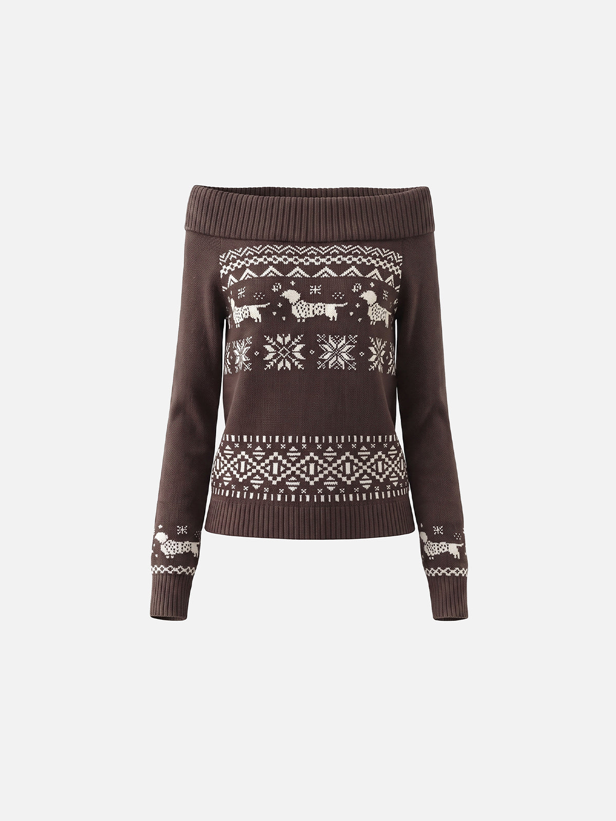 Fair Isle Dachshund Pattern Fold-Over Off-Shoulder Slim Knit Sweater