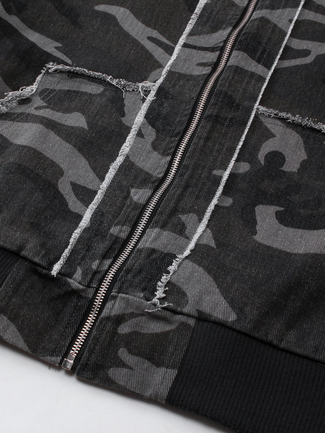Raw-Edge Seam Camouflage Multi-Zip Oversized Denim Hoodie