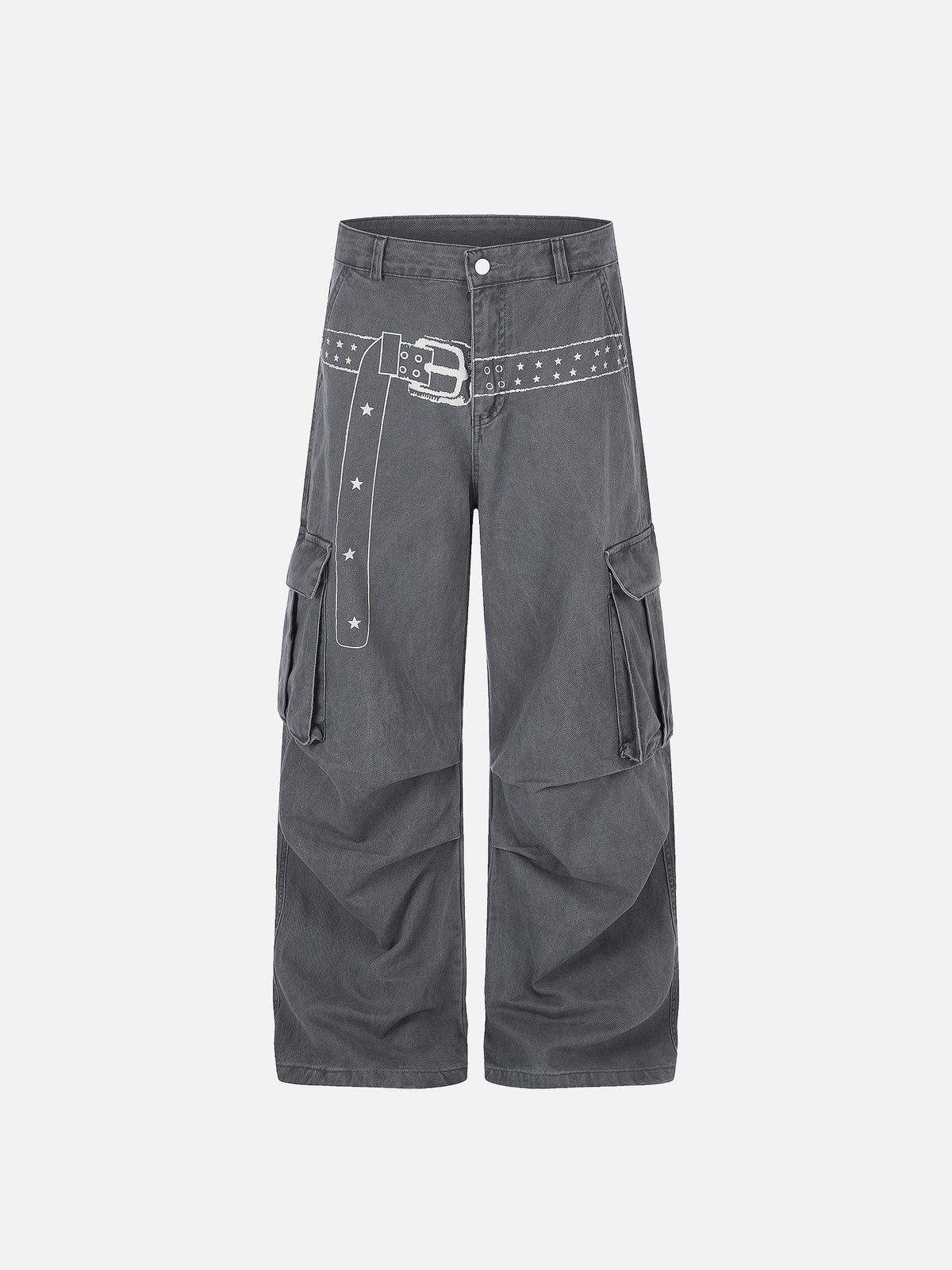 Washed Belt-Print Straight-Leg Cargo Jeans