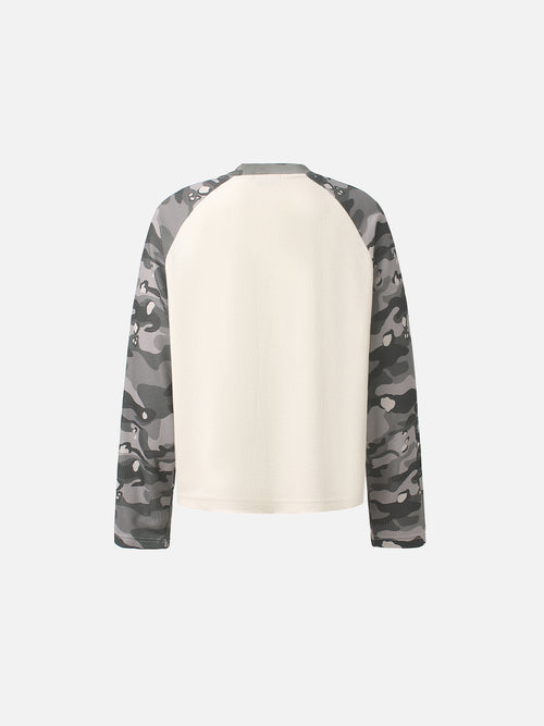 Camo Raglan-Sleeve Graphic Oversized Waffle T-Shirt