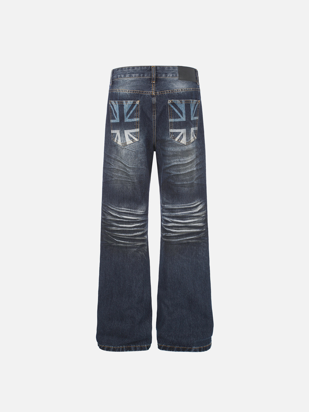 Studded-Pocket Whiskered Union-Jack Straight-Leg Jeans