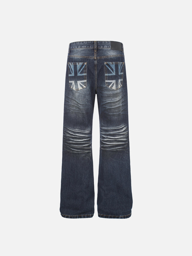 Studded-Pocket Whiskered Union-Jack Straight-Leg Jeans