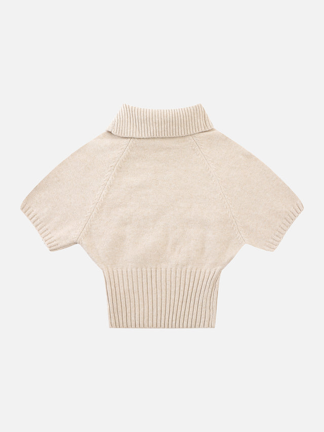 Wool-Blend Cable-Knit Asymmetrical-Collar Slim-Fit Short-Sleeve Sweater