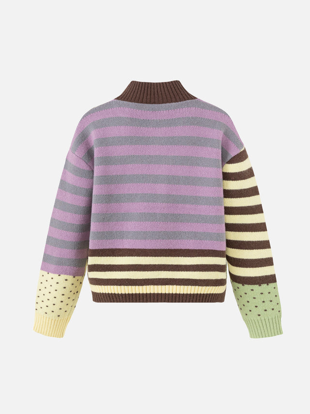 Color-Block Striped Knit Boxy Cardigan
