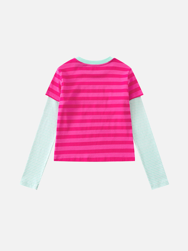 Striped Double-Layer Music Graphic Cropped Long-Sleeve T-Shirt