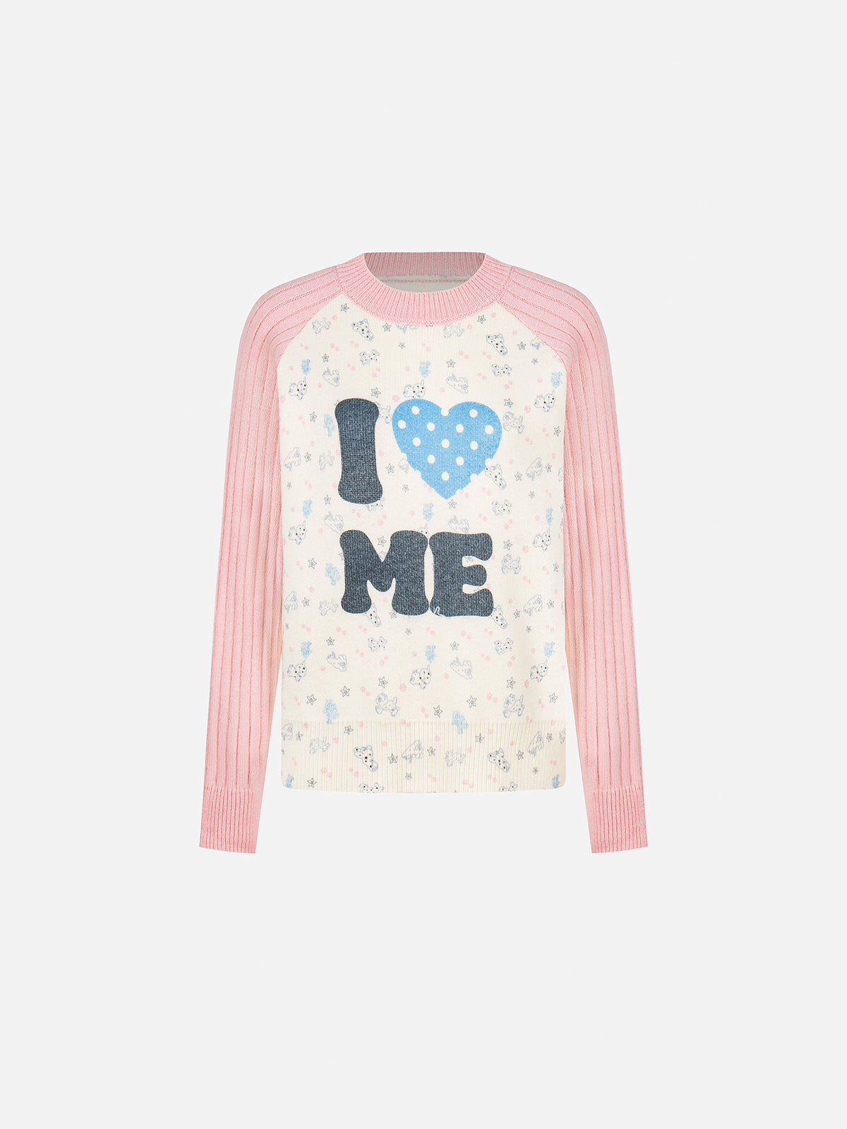 "I ♥ ME" Raglan Ribbed-Sleeve Jacquard Knit Sweater