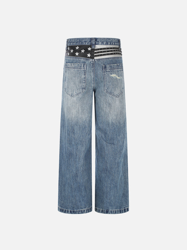 Star-and-Stripe Yoke Distressed Straight-Leg Jeans