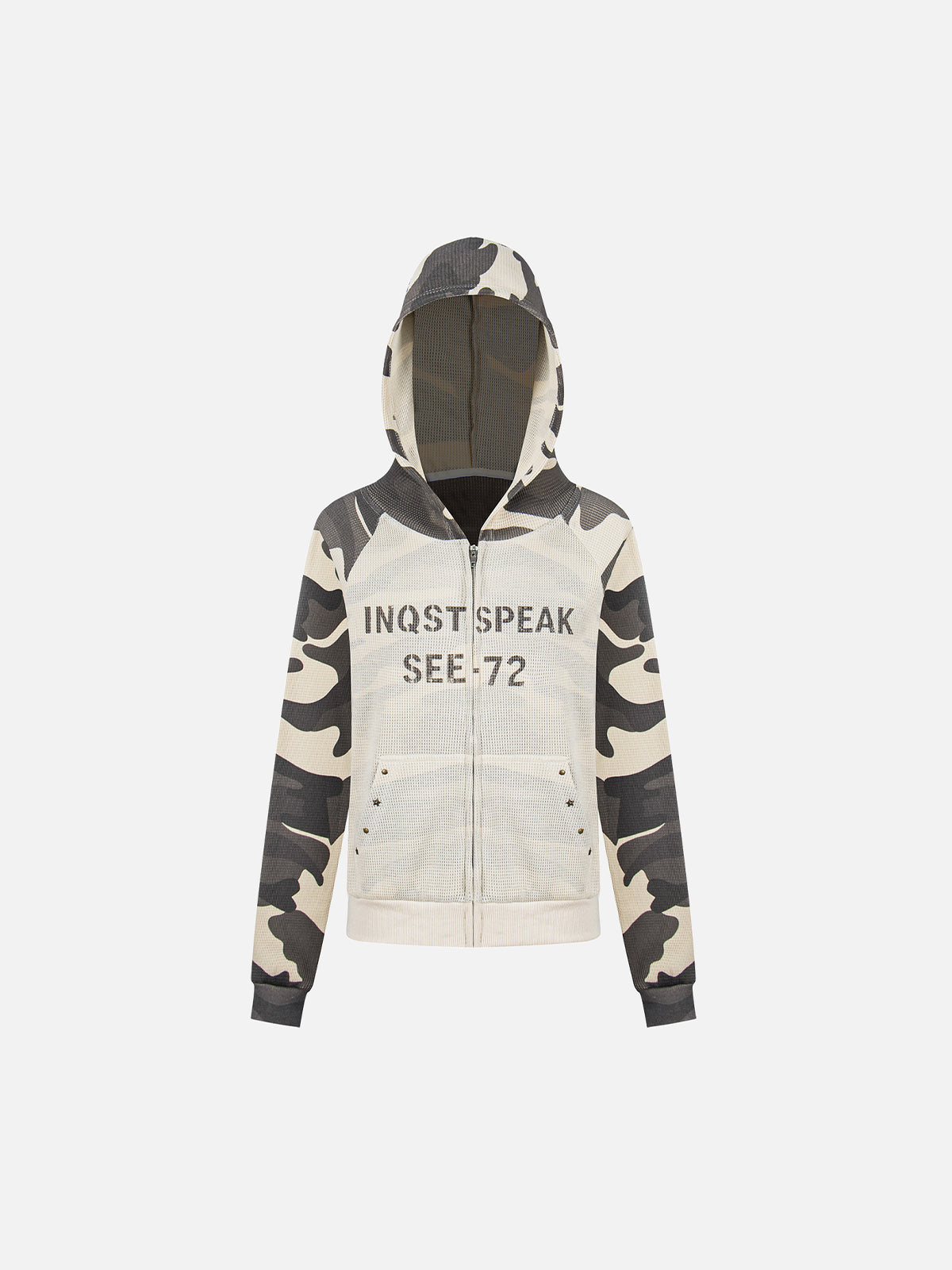 Camo-Panelled Mesh-Overlay Boxy Zip-Up Hoodie