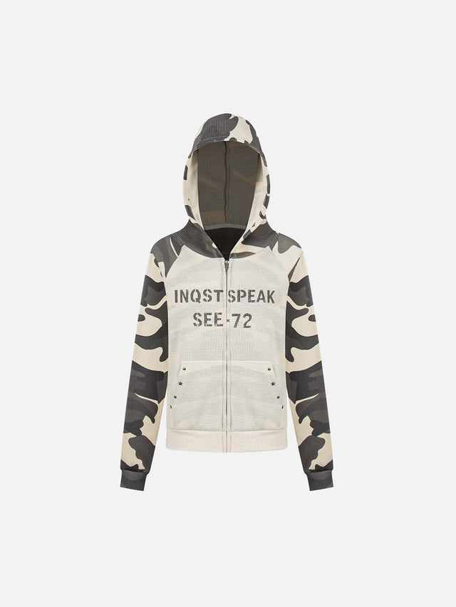 Camo-Panelled Mesh-Overlay Boxy Zip-Up Hoodie